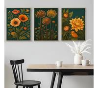 Set of 3 Paintings of Yellow Flowers Against Deep Green Background - A5 A4 A3 Art Posters Wall Art Modern Painting Prints for Home Office (A5 (210x148mm), High-resolution paper)