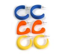 Set of 3 Pairs Matte Acrylic Hoop Earrings - Yellow, Orange & Blue - Vibrant Colour Trio