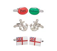 Set of 3 Pairs of Mens Royal Navy Nautical Themed Cufflinks Including a Pair of Port and Starboard Cufflinks White Ensign Flag Cufflinks and Ships Anchor Cufflinks Presented in a Cufflink Gift Box
