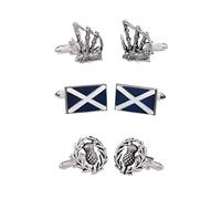 Set of 3 Pairs of Mens Shirt Cufflinks Scottish Themed including Scottish Thistle Highland Bagpipes and The St Andrews Cross Saltire Flag of Scotland Presented In Cufflink Gift Box