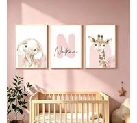 Set of 3 Personalised Name Posters Baby Pink Elephant Giraffe Deco Child Animals Poster 30 x 40 cm Picture Baby Room Safari Savannah Decoration Bedroom Child Girl Print on Canvas Without Frame