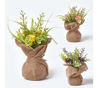 Set of 3 Artificial Daisies in Rustic Burlap Pots Homescapes Multi One Size