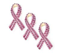 SET OF 3- Pink Ribbon Breast Cancer Survivor Crystal Brooch Pin - Silver Plated Accent - Symbolic Support Jewelry for Women