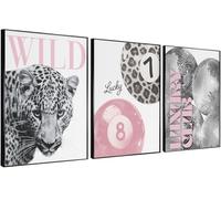 Set Of 3 Pink Trendy Leopard Prints Canvas Wall Art Funky Disco Lucky 8 Ball Poster Wild Cheetah Wall Decor For Girly Preppy Room Apartment Dorm Bedroom Painting 12X16 in Unframed