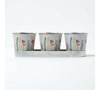 Set of 3 Plant Flower Pots with Tray in Tiny Flower Design Indoor Outdoor