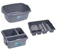 PREMZO Set of 3 Plastic Rectangular Sink Tidy, Washing Up Bowl & Dish Drianer Kitchen Sink Plate Rack (Silver)