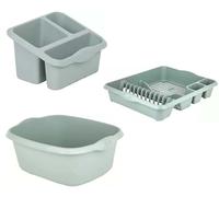 PREMZO Set of 3 Plastic Rectangular Sink Tidy, Washing Up Bowl & Dish Drianer Kitchen Sink Plate Rack (Sage)