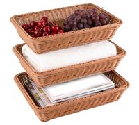 Set of 3 Polyethylene Imitation Rattan Bread Baskets, 40x30x8cm Woven Fruit Baskets for Food Display, Serving,Vegetables, Storage Basket for Kitche, Dining, Outdoor, Brown Rectangular
