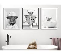 Set of 3 Posters Highland Cow Bathroom Posters, Pictures of Money Orangutans and Monkeys, Animal Black White Wall Art Prints, Frameless (Poster 01, 3 Pieces - 30 x 40 cm)