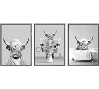 Set of 3 Posters Highland Cow Bathroom Posters, Pictures of Money Orangutans and Monkeys, Animal Black White Wall Art Prints, Frameless (Poster 02, 3 Pieces - 30 x 40 cm)