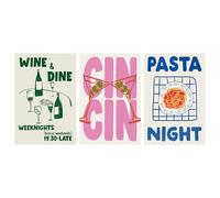 Set of 3 Prints Trendy Cin Cin Cheers Posters Vintage Wine Dine Club Wall Art Mid Century Modern Pasta Night Food Canvas Print Retro Cocktail Painting Aesthetic for Kitchen Decor 12x16inch Unframed