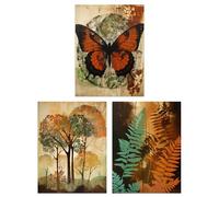Set of 3 Prints Vintage Botanical Art Tree Fern Butterfly Pack of 3 A4 Poster Living Room Wall Art Prints