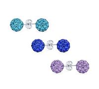 Set Of 3 Purple Aqua Blue Pave Crystal Disco Ball Stud Earrings for Women Round Simple Basic Design .925 Sterling Silver - 8MM Size