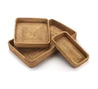 Set of 3, Rattan Serving Tray, Rectangular Wicker Tray, Natural Woven Decorative Serving Baskets for Organizing Tabletop Kitchen Counter