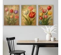 Set of 3 Realistic Tulip Illustrations with Leaves - A5 A4 A3 Art Posters Wall Art Modern Painting Prints for Home Office or Workspace Interior Decoration (A4 (297x210mm), High-resolution paper)