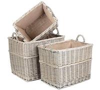 Red Hamper Set of 3 Rectangular Hessian Lined Wicker Log Storage Basket, Rattan