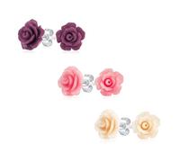Set of 3 Romantic Delicate Floral Blooming 3D carved Pink Purple White Rose Flower Stud Earrings For Women For Teen For Mother Silver Plated