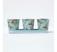Set of 3 Rose Pattern Herb Pots with Tray Indoor Outdoor Planters