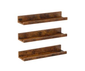 Set of 3 Rustic Brown Wooden Floating Shelves