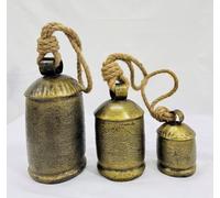 Set of 3 Rustic Copper Style Large Bells Handmade Metal Harmony Christmas Hanging Cow Bells Complete Set on Jute Rope (Bronze)