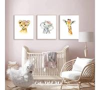 Set of 3 Safari Animal Poster Lion Elephant Zebra Garland Flower Baby Prints for Nursery Kids Children Baby Boy Girl Bedroom Decor Gift Unframed