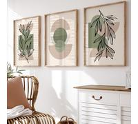 Set of 3 Sage Green & Taupe Abstract Wall Art Prints - A3 Modern Botanical Leaf Line Art & Geometric Shapes Gallery Wall Set - 250gsm Premium Paper - Unframed
