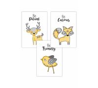 Set of 3 Scandi Nursery Fox Animals Quote Yellow Grey Art Posters ARTZE Bright Yellow W42cm x H59cm