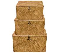 Set of 3 Seagrass Rattan Boxes with Lid, Rectangular Woven Storage Hamper | PINGEUI, Natural Handcrafted Fibre, Stackable Shelf Organiser with Button Closure, for Clothes Books, Small Medium Large