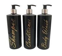 SET OF 3 Shampoo Body Wash Conditioner Black Silver Top Empty Bottles Mrs Hinch Inspired (Gold Writing)