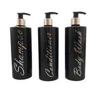 SET OF 3 Shampoo Body Wash Conditioner Black Silver Top Empty Bottles Mrs Hinch Inspired (Silver Writing)