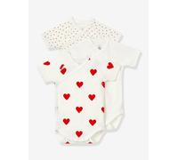 Set of 3 Short Sleeve Wrapover Bodysuits with Hearts in Organic Cotton for Newborn Babies, by Petit Bateau white light two color/multicol