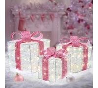 Set of 3 Silver Gift Boxes with Pink Bows- Christmas Indoor/Outdoor Decor | Christmas Lighted Gift Boxes 140 Warm White LED ,XAMS Decorations for Home, Yard, Garden, Party