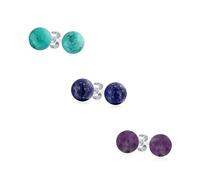Set of 3 Simple Blue Lapis Purple Amethyst Turquoise Gemstone Round Ball Stud Earrings For Women .925 Sterling Silver 6MM