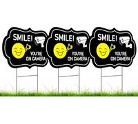 Set of 3 Smile Your on Camera Signs with Wire H-Stakes - 8x12 Inch Video Surveillance Sign Outdoor - Surveillance Black Signs Smile at the Camera and Keep Out - Property Security Smile Face Yard Sign