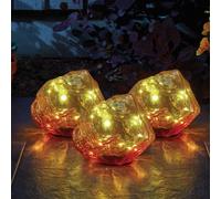Set of 3 Solar Powered Stone Lights - Yellow & Orange Decorative Glass Rock Decorations with 15 Cool White LEDs for Patio, Decking, Border, Pathway, Lawn, Wall, Balcony, Yard - Each H12 x W14 x D13cm