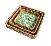 Set of 3 Square Serving Trays with Mother of Pearl Inlay, Hand-Woven Design, Ideal for Snacks, Fruits, Organization and Storage