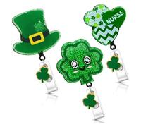 Set of 3 St. Patrick's Day ID Badge Holders for Nurses, Extendable Glitter ID Badge Holder with Clover, Cylinder & Heart, Clip ID Holder for Doctor, Nursing Staff and Office