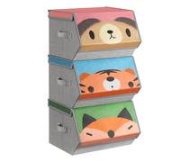 Set of 3 Stackable Toy Organiser Boxes with Lid, Pink + Blue + Green and Grey
