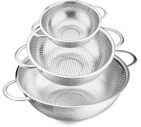 Set of 3 Stainless Steel Colander, 1/3/5Quart, 16/22/25cm Metal Sink Colander Strainer with Handle, Perforated Strainer for itchen/Draining Pasta/Rinsing Vegetables Fruits, Heavy Duty
