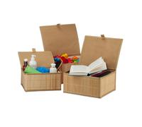 Relaxdays Set of 3 Bamboo Storage Baskets, Storage Boxes with Lid, Bamboo Container, Decorative Storage, Natural