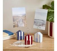 Set of 3 Striped Ceramic Beach Hut Photo Holders with Metal Clips - Coastal Themed Decorative Memo & Picture Display Stands for Desk, Shelves, Mantelpiece & Home Décor-M14