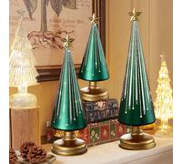 Set of 3 Tabletop Illuminated Small Christmas Trees, Battery Powered Lighted Resin Mini Tree with LED, Starry Night Ornaments Tabletop Figurine for Xmas Mantel & Home Party Decor Centrepiece (Green)