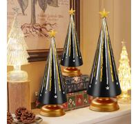 Set of 3 Tabletop Illuminated Small Christmas Trees, Battery Powered Lighted Resin Mini Tree with LED, Starry Night Ornaments Tabletop Figurine for Xmas Mantel & Home Party Decor Centrepiece (Black)