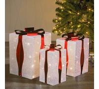 Set Of 3 Tall Light-Up Christmas Gift Boxes With 60 Warm White Led Light Battery-Powered Xmas Decor White Flash Cloth & Red Ribbon