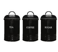 Set of 3 Tea Coffee Sugar Canisters,Storage, Rust Resistant, Powder Coated Ideal for Kitchen Storage Coffee Granules, Tea Leaves & Bags & Sugar Cubes (BLACK)