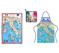 Set of 3 Tea Towel Apron Pot Holder Cotton Kitchen Italy Made in Italy Italian Products Gift Map, various, M