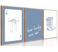 Set of 3 Unframed Coastal Cowgirl Canvas Wall Art Blue Coquette Bow Boots How Lucky Are We Bundle Playing Cards Pictures Wall Decor Fashionable college style Poster For Room Dorm 08x12inch