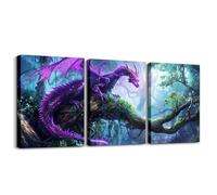 Set of 3 Unframed Dragon Canvas Wall Art Purple Dragon Green Trees Wall Decor Prints Home Artwork for Living Room Bedroom Decorative, Fairy Tale Animal Theme Wall 16x24inch