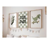 Set of 3 Unframed Nursery Dinosaur Wall Art Boys Room Canvas Decor Toddler Kids Art Prints Dinosaur Skateboard Pictures Poster Boys Dino Artwork Decor for Bedroom 12x16inch