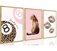 Set of 3 Unframed Pink Leopard Canvas Print Wall Art Coquette Cheetah Pictures Wall Decor Lucky 8 Ball Kiss Lips Poster Trendy Animal Funky Painting for Girly Bedroom Apartment Dorm 16x24inch